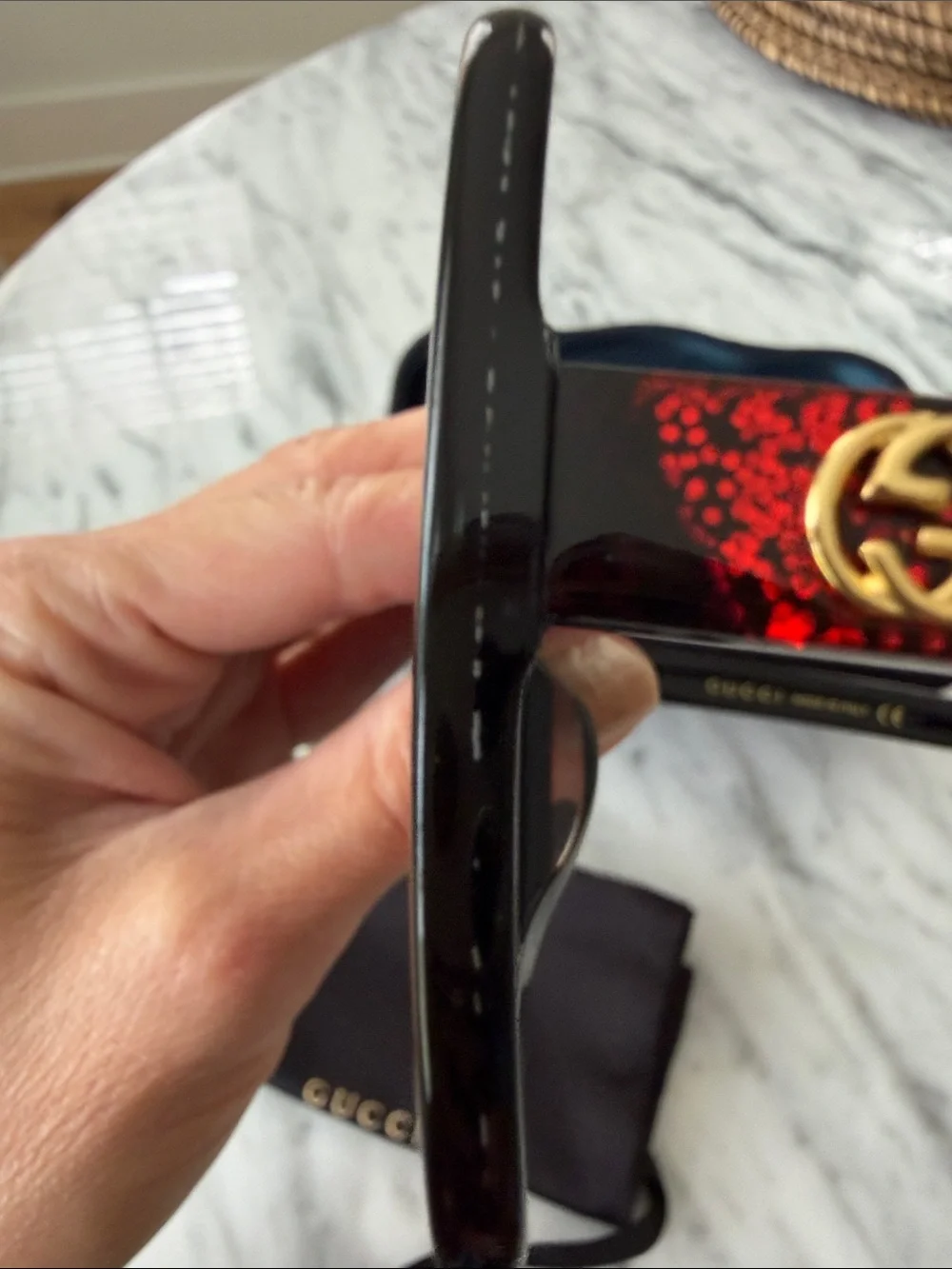 Gucci Black Square Sunglasses with Red & Green Glitter Accents